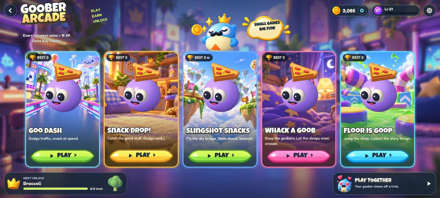 The Goober Arcade game selection