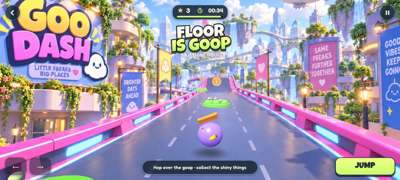 A Goober hopping over glowing goop on a city road