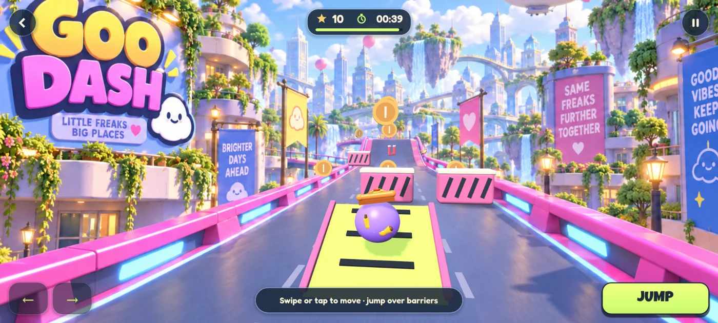 A Goober racing down a floating city track