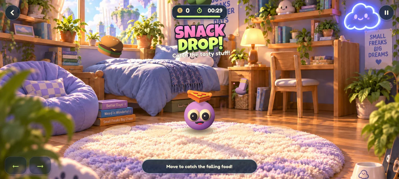 A Goober catching snacks inside its room