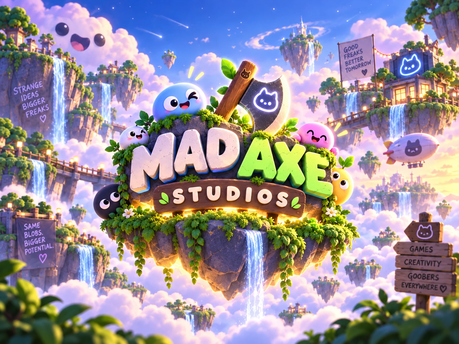 Mad Axe Studios logo in a colorful floating-island world
